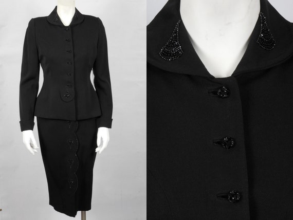 1950 Vintage Black Wool Gabardine Suit with Bead … - image 1