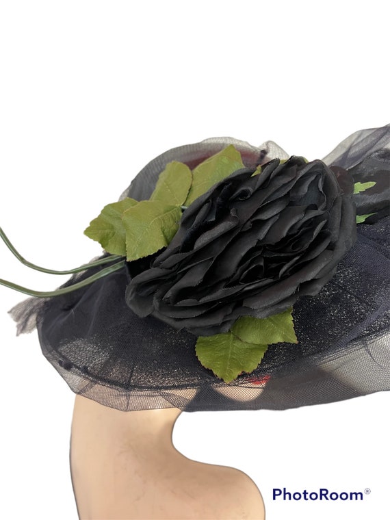 1940's Vintage Wide Brim Navy Blue Straw & Tulle … - image 4