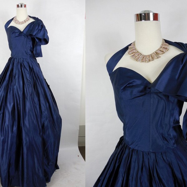 1940's Vintage Navy Blue Halter Gown with Large Shoulder Bow