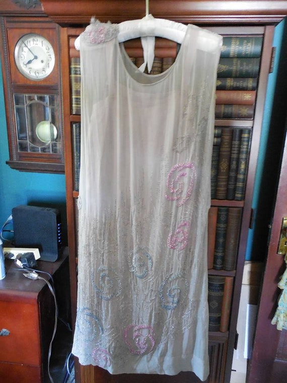 1920 Art Deco Vintage Chiffon Beaded Dress Large … - image 2