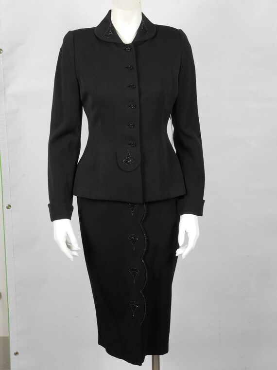 1950 Vintage Black Wool Gabardine Suit with Bead … - image 2