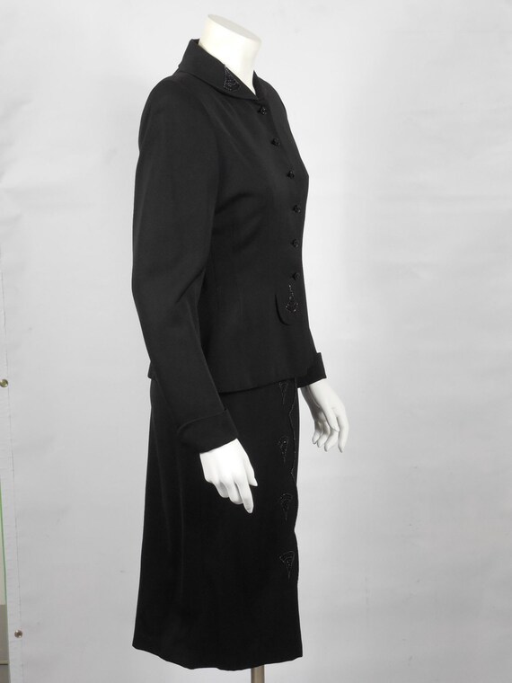 1950 Vintage Black Wool Gabardine Suit with Bead … - image 4