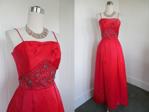 1950 1960 Vintage Red Satin Gown with Bead Detail… - image 1