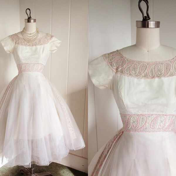 SALE! 1950's Vintage White Chiffon Party Dress With Pink Embroidered Trim