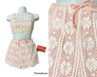 Vintage Dead Stock Early 1960 Two Piece Swimsuit Pink and White Never Used Size 9/10 With Original Tags