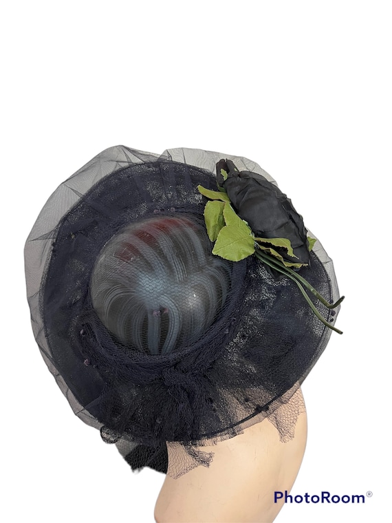 1940's Vintage Wide Brim Navy Blue Straw & Tulle … - image 5