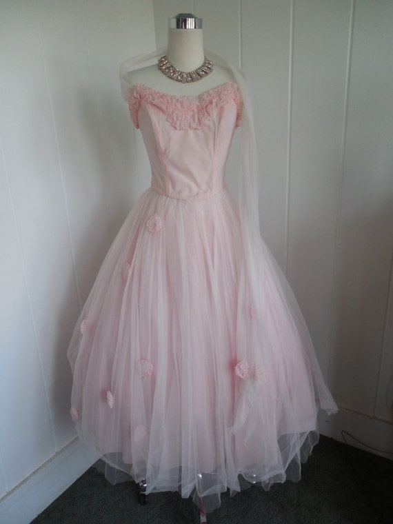1950s Vintage Lorrie Deb Baby Pink Prom Dress wit… - image 2