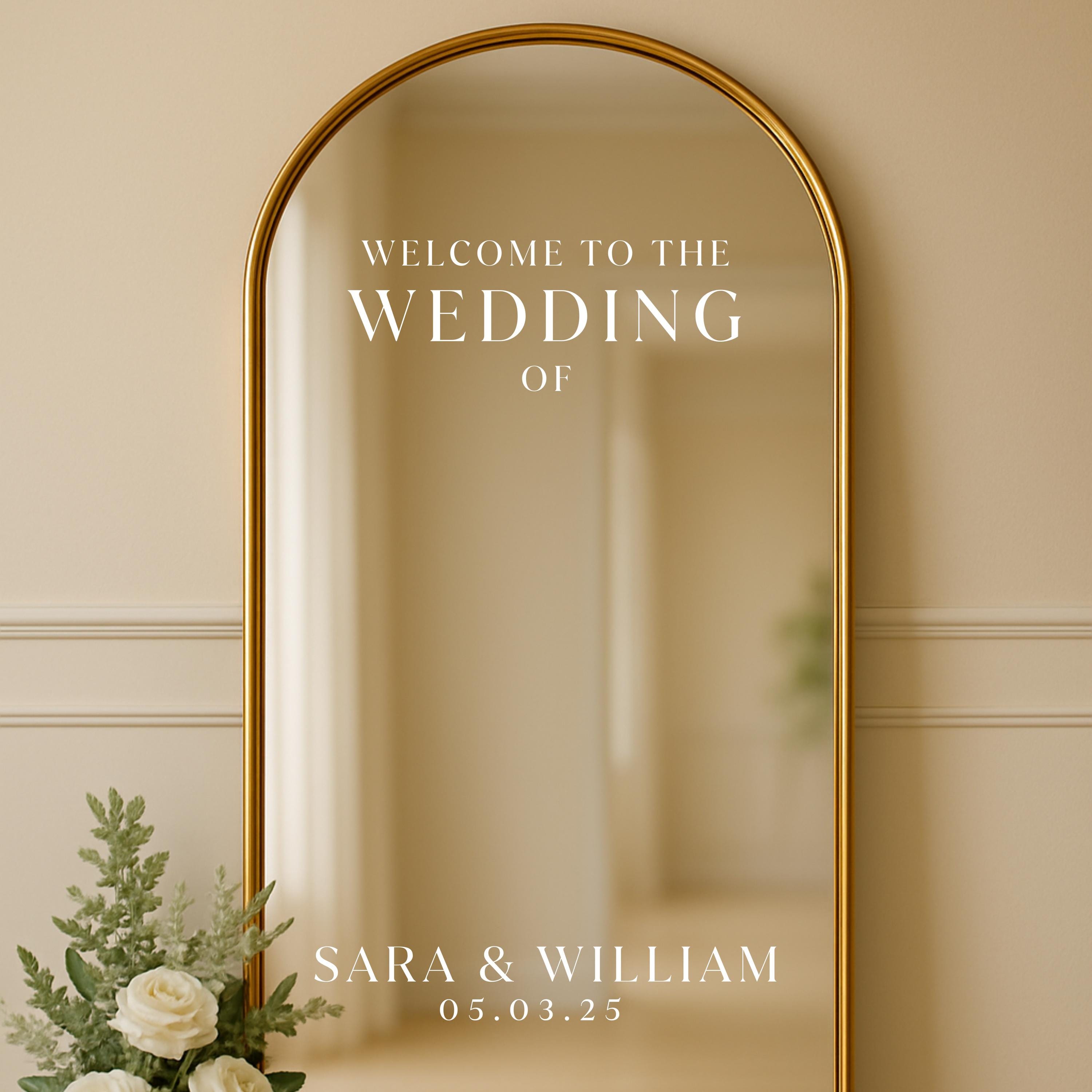 Elegant Wedding Mirror Decal – “Welcome to the Wedding Of” Personalized Vinyl Sign with Names & Date