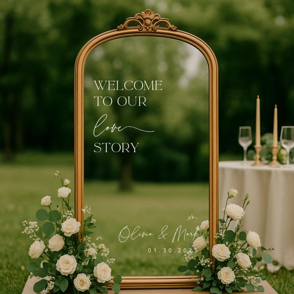 Wedding Mirror Decal: Personalized "Welcome to Our Love Story" Vinyl Sign