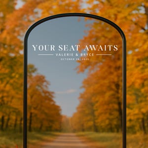 Wedding Mirror Decal – “Your Seat Awaits” Seating Chart Vinyl – Personalized Welcome Sign Sticker for Reception or Ceremony Decor