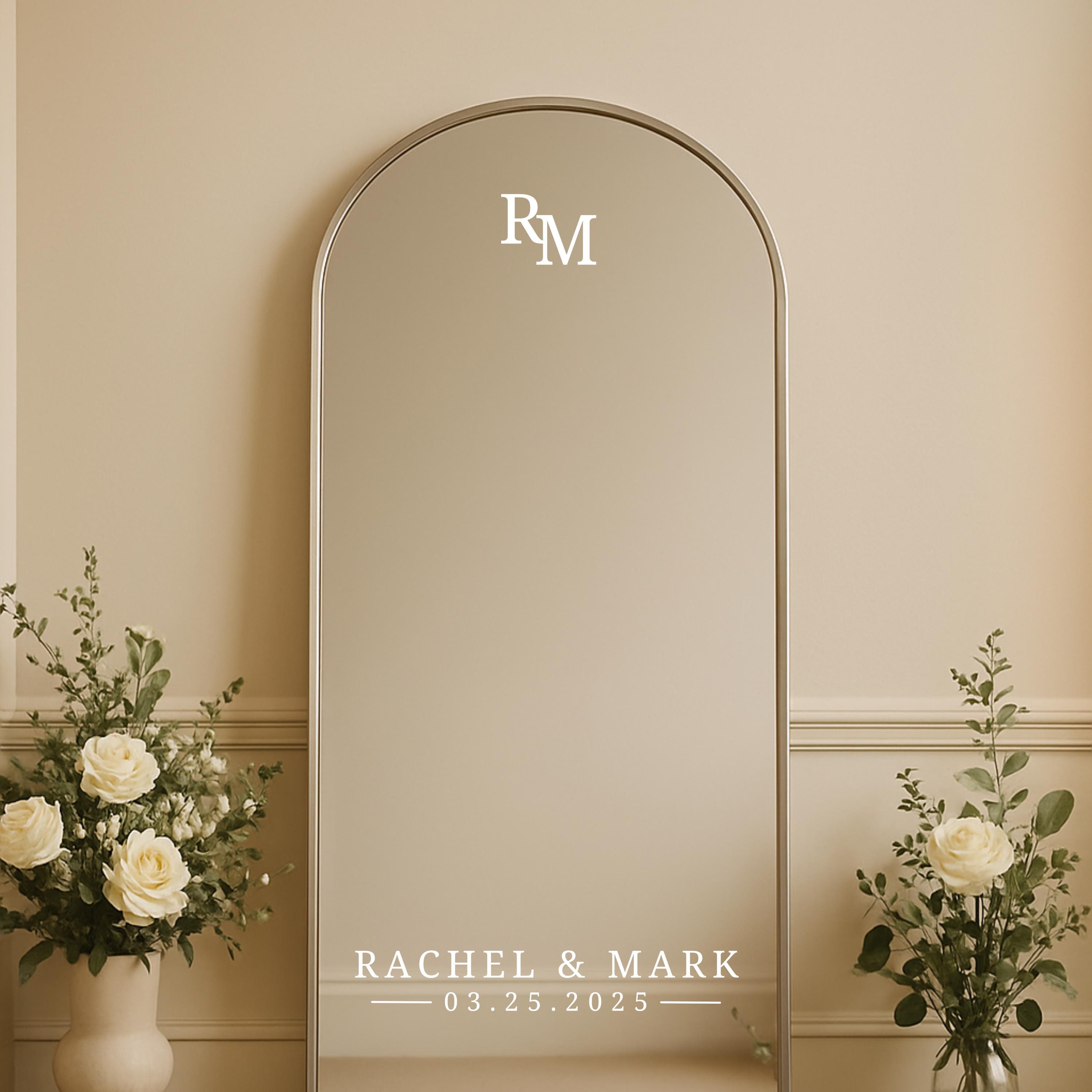 Custom Monogram Wedding Mirror Decal – Elegant Initials & Names with Date