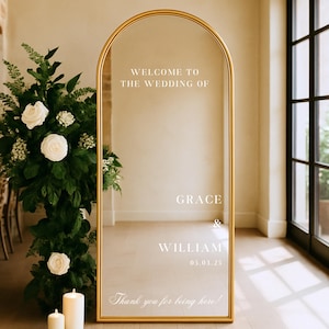 Personalized Wedding Mirror Decal – Welcome Sign with Names, Date & Thank You Message – Custom Vinyl Sticker for Ceremony or Reception
