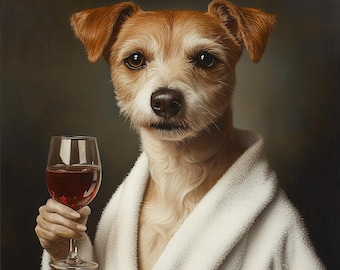 Custom Dog Portrait: Funny Pet in Robe with Wine (Digital Download) Gift for pet lovers, Funny gift, Halloween gift