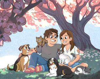 DIGITAL Custom Cartoon Portrait Magical Cosmic Style, Family Illustration, Anniversary Birthday Custom Couple Portrait, Halloween gift