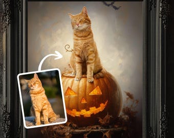 Custom Halloween Pet Portrait, Digital Download Pet Art, Cat Sitting on Pumpkin Poster, Halloween gift, Print decor