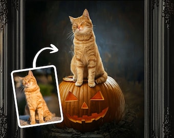 Custom Cat Halloween Wall Art, Digital Download Pet Art, Cat Sitting on Pumpkin Poster, Halloween gift, Print decor