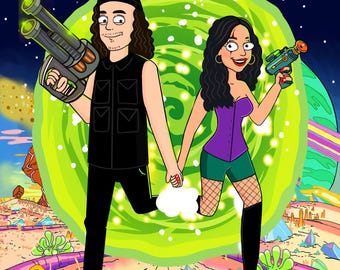 DIGITAL Custom Rick with Morty Portrait, R&M portrait, Couple PORTRAIT, Cartoon Illustration, Birthday Anniversary Gift, Halloween gift