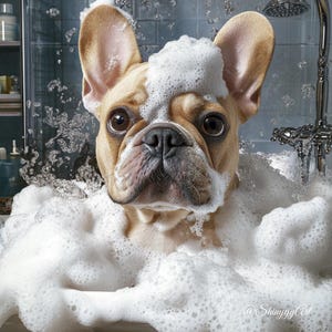 May include: A tan French Bulldog sits in a bathtub filled with white suds. The dog has large, upright ears and dark eyes. White foam covers the dog's head and face. A chrome shower head and faucet are visible in the background.
