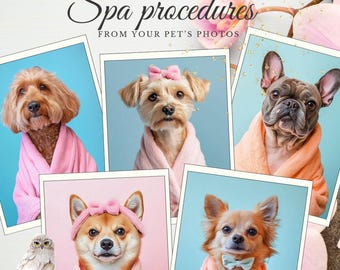 Spa Pet Portrait From Photo: Funny Pastel Bathroom Decor (Digital Download) Gift for pet lovers, Funny gift, Halloween gift