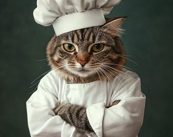 Funny Cat Chef Portrait: Custom Pet Portrait Art (Digital Download) Gift for pet lovers, Funny gift, Halloween gift