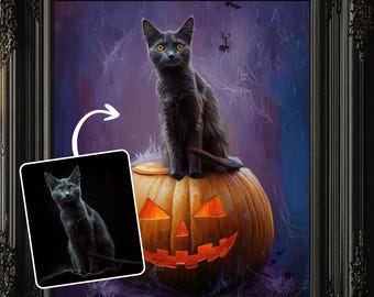 Custom Halloween Pet Portrait, Halloween Night Printable for Spooky Home Decor, Cat Sitting on Pumpkin Poster, Halloween gift, Print decor