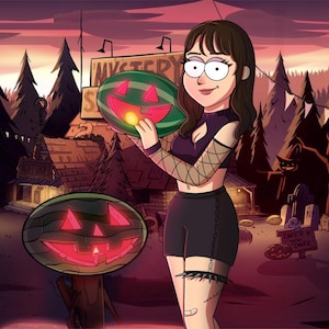 Retrato de caricatura personalizado digital estilo misterioso y peculiar, ilustración familiar personalizada, arte de regalo divertido, regalo de cumpleaños para niños, regalo de Halloween