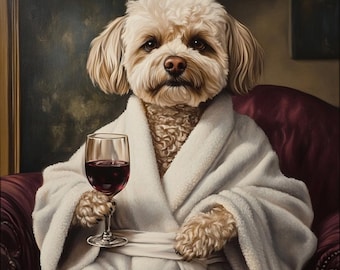 Custom Dog Portrait: Funny Pet in Robe with Wine (Digital Download) Gift for pet lovers, Funny gift, Halloween gift