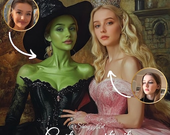 DIGITAL Custom wicked portrait from Photo for besties, Glinda and Elphaba portrait, Best Friends gift, Gift for kids, Christmas gift