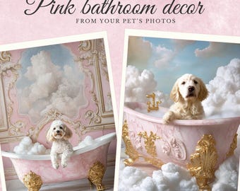 Pink Bath Pet Portrait from Photo: Custom Digital Art (Digital Download) Gift for pet lovers, Funny gift, Halloween gift