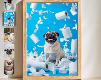 Funny Pug Bathroom Prints: Set of 5, Dog Wall Art (Digital Download) Gift for pet lovers, Funny gift, Halloween gift