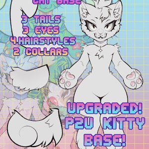 Könnte beinhalten: Eine digitale Strichzeichnung als Charaktervorlage, die eine katzenartige Figur mit Pfotenballen zeigt, begleitet von drei verschiedenen Schwanzoptionen. Das Bild enthält den Text Kemonomimi Inspired Cat Base, 3 Tails, 3 Eyes, 4 Hairstyles, 2 Collars und Upgraded! P2U Kitty Base! $2.