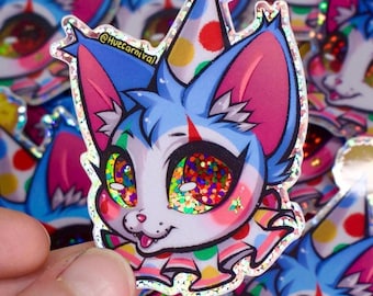 Clown Kitty Glitter Sticker, Waterproof Vinyl Decal (3" x 2.9")