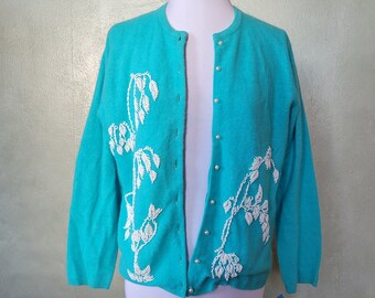 Snow Lake: vintage 1950s blue cardigan sweater with floral beadwork and pearl buttons