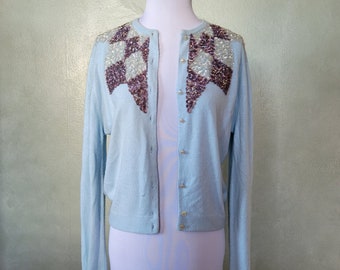 Borealis Glacier: vintage 1950s blue cardigan sweater with diamond sequins and pearl buttons