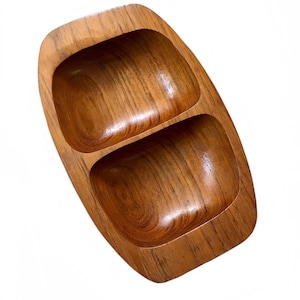 vintage 1970s  wood serving snack salad nut bowl / Mid Century hand carved two compartment bowl catch all