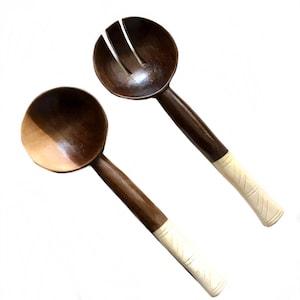 Hand Carved Olive Wood Salad Servers: Bone Handle Serving Set