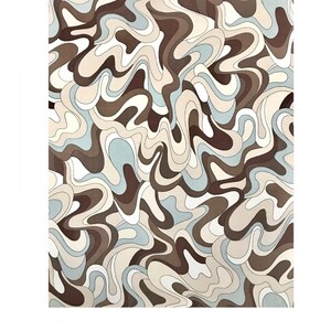 May include: Abstract pattern with a retro design. The artwork features a repeating, wavy pattern in shades of brown, beige, and light blue. The design has a vintage, psychedelic aesthetic, reminiscent of the 1970s.