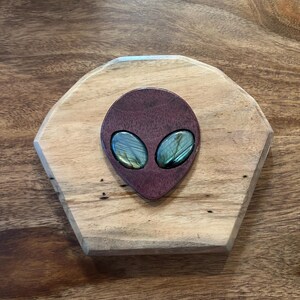 May include: A dark purple wooden alien head cutout featuring two oval-shaped labradorite gemstones as eyes. The alien head is mounted onto a light-colored, pentagonal wooden base with a visible wood grain pattern throughout the entire object.
