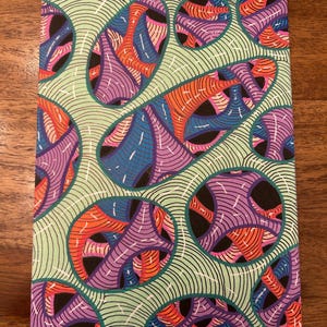 May include: A rectangular canvas painting featuring a light green background with a network of thin black lines. Within the green areas are several circular and oval openings revealing intricate, layered patterns of orange, purple, and blue.