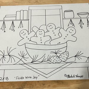 Puede incluir: Dibujo lineal en blanco y negro de una escena navideña. Un cuenco lleno de hombres de jengibre es el punto focal. El dibujo incluye estantes con tarros y cuencos, y el texto "FILLED WITH JOY". Las dimensiones son 56 x 46 cm.