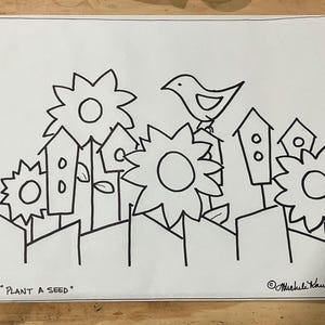 Puede incluir: Dibujo en blanco y negro de una escena de jardín con girasoles, casas para pájaros y un pájaro. El texto "PLANT A SEED" está en la parte inferior de la imagen.