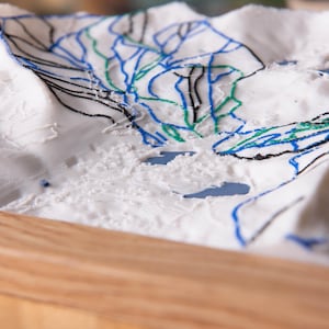 May include: A white, textured fabric with a hand-drawn design in black, blue, and green. The fabric is set in a wooden frame, creating a unique artistic display. The design appears to be of a botanical theme.