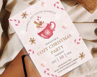 Candy Cane Cozy Pajama, Hot Cocoa, and Blankets Watercolor Christmas Party Invitation Template