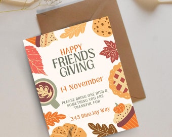 Mall för inbjudan till vänskapsfest med höstlöv, redigerbar Thanksgiving-inbjudan (digital nedladdning)