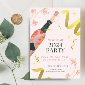 Champagne and Confetti New Years Party Invitation Template, Pop the champagne New years Eve Invitation, nye party invite, editable template