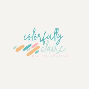 May include: A logo design featuring the text "colorfully claire" in a teal script font, with the words "DIGITAL CREATOR" in a smaller, pink font. The design includes abstract shapes in teal, pink, and orange.