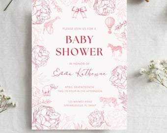 Uitnodiging chinoiserie babyshower: vintage toile, blush bloemen (canvasjabloon)