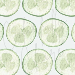 May include: A seamless pattern of watercolor painted green cucumber slices on a white background.