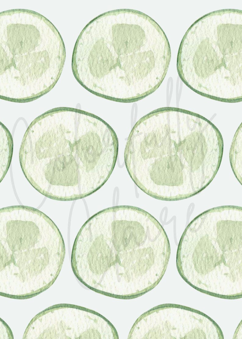 May include: A seamless pattern of watercolor painted green cucumber slices on a white background.