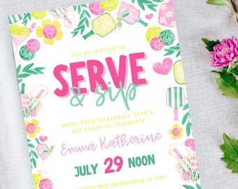 Preppy Pickleball Birthday Invitation: Serve & Sip Party (Digital Download, Editable Canva Template)